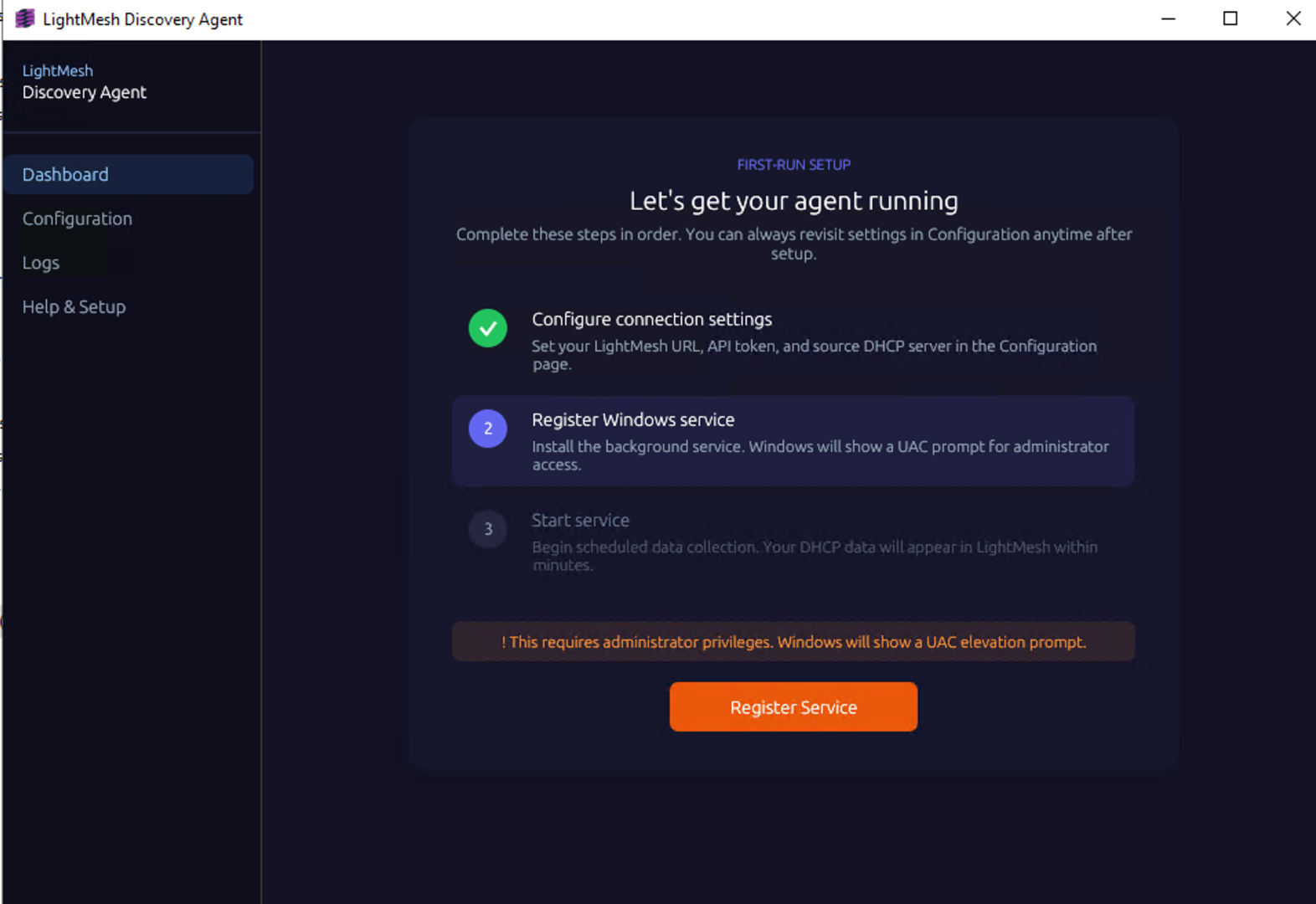 The LightMesh Discovery Agent setup screen