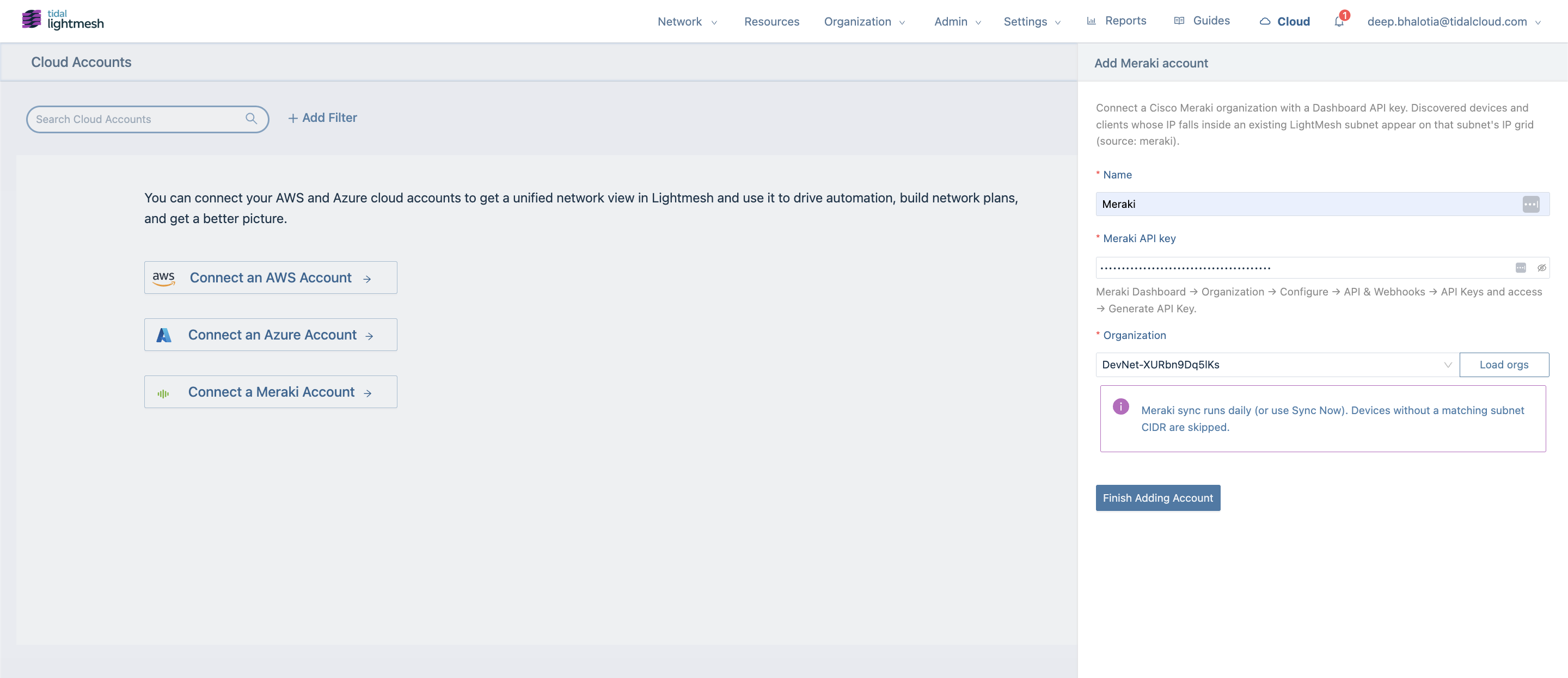LightMesh Cloud Accounts Add Meraki account panel with name, API key, and organization fields