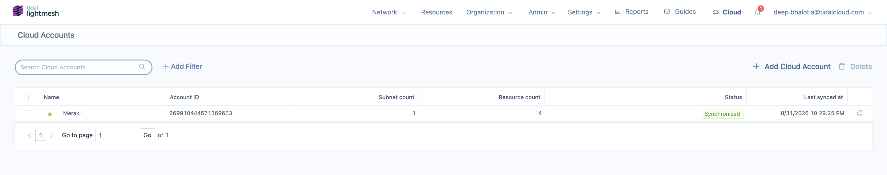 LightMesh Cloud Accounts provider table including Meraki alongside AWS and Azure with sync status