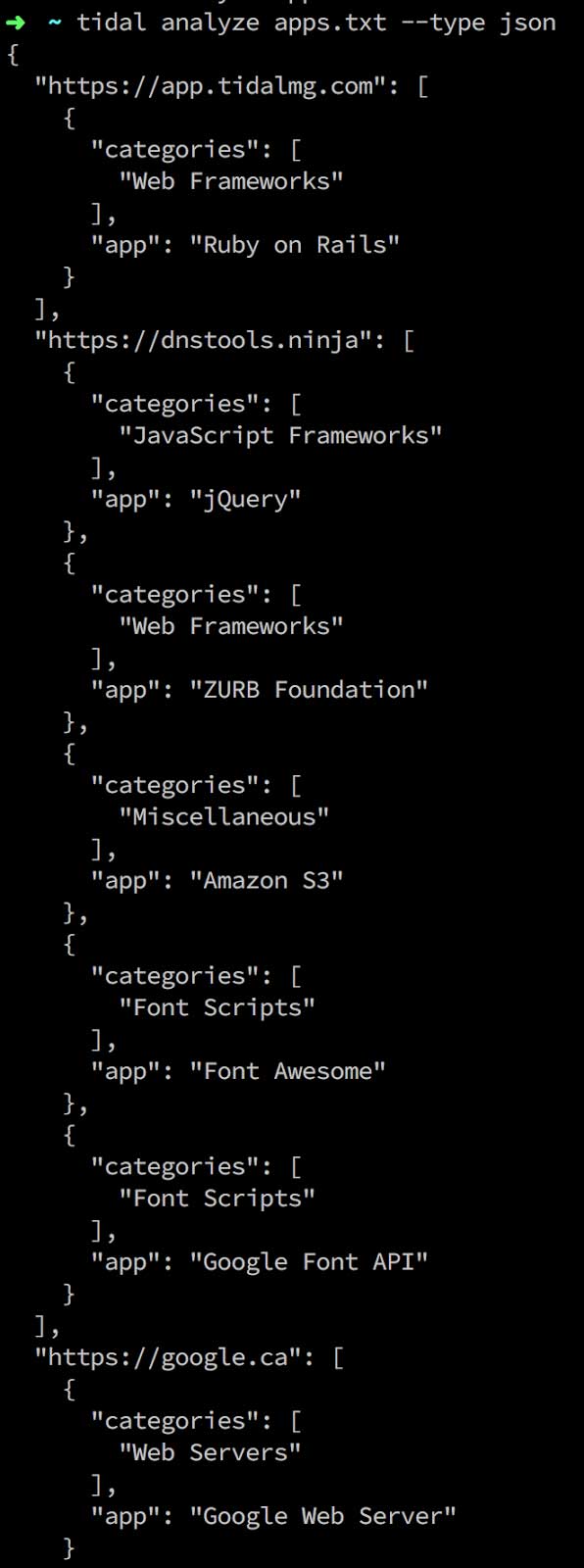 tidal analyze apps.txt --type json