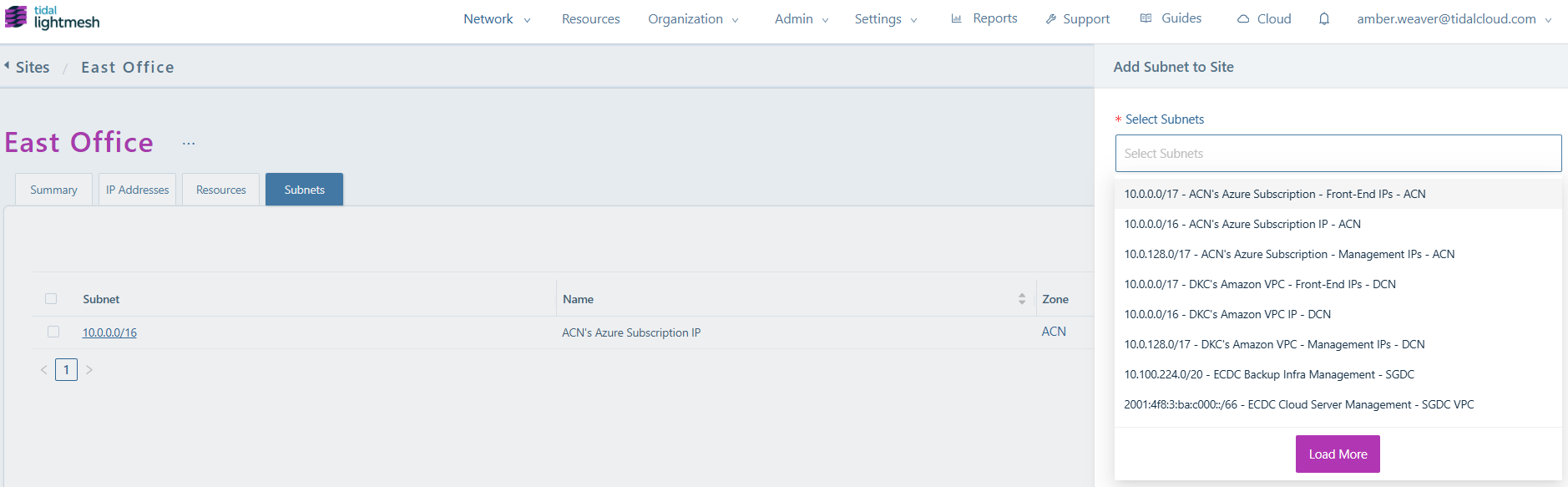 Add a site to the subnet directly from the dropdown menu 