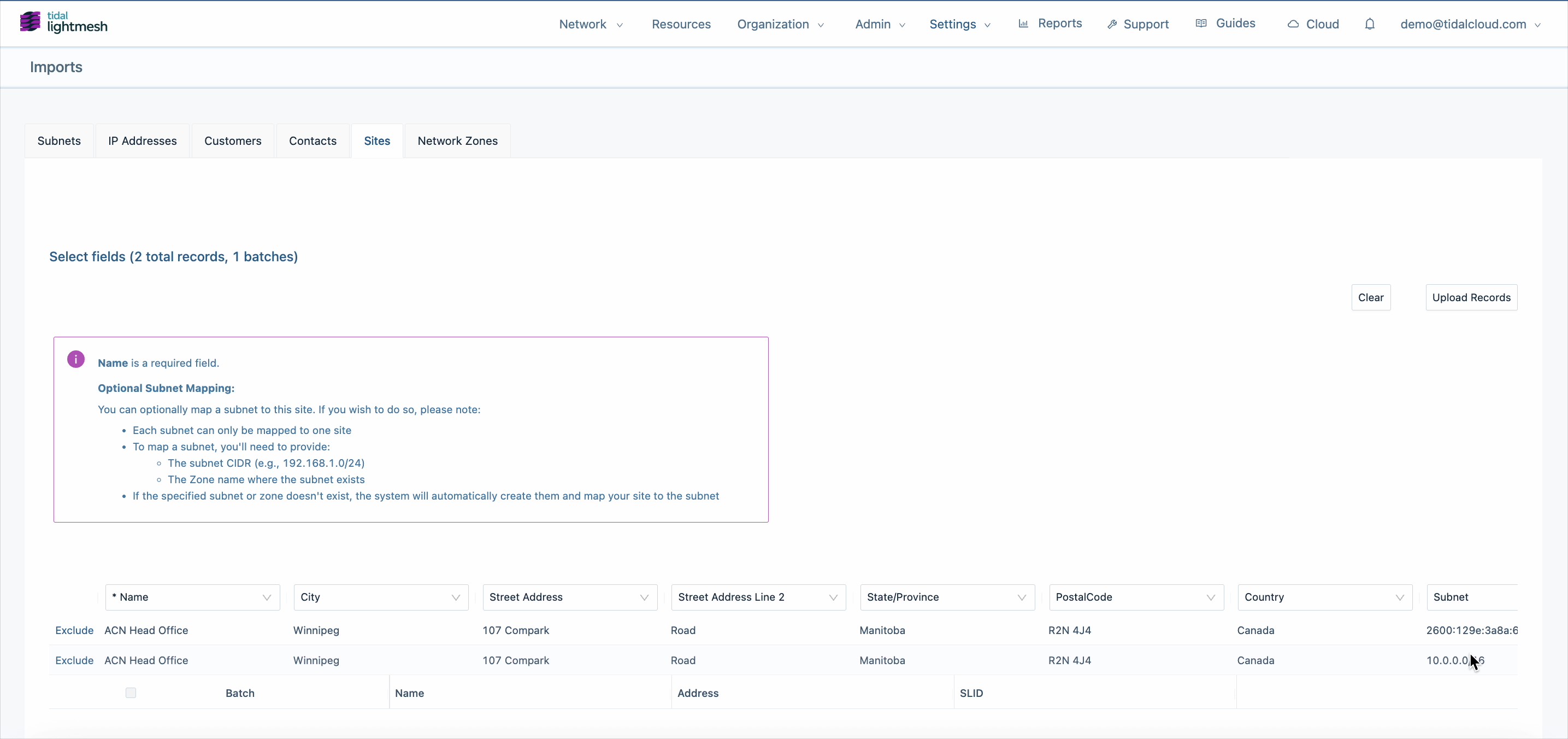 Importing sites with mapped fields
