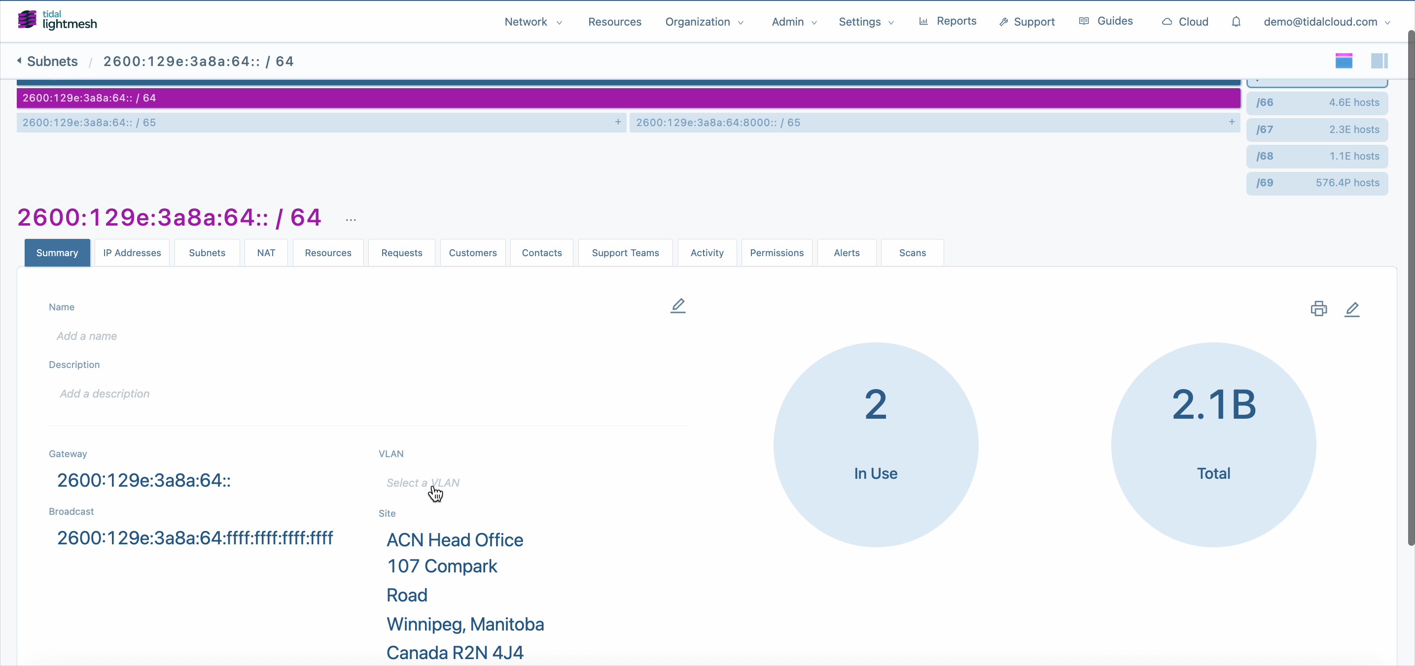 Site assigned to the subnet view under the summary page