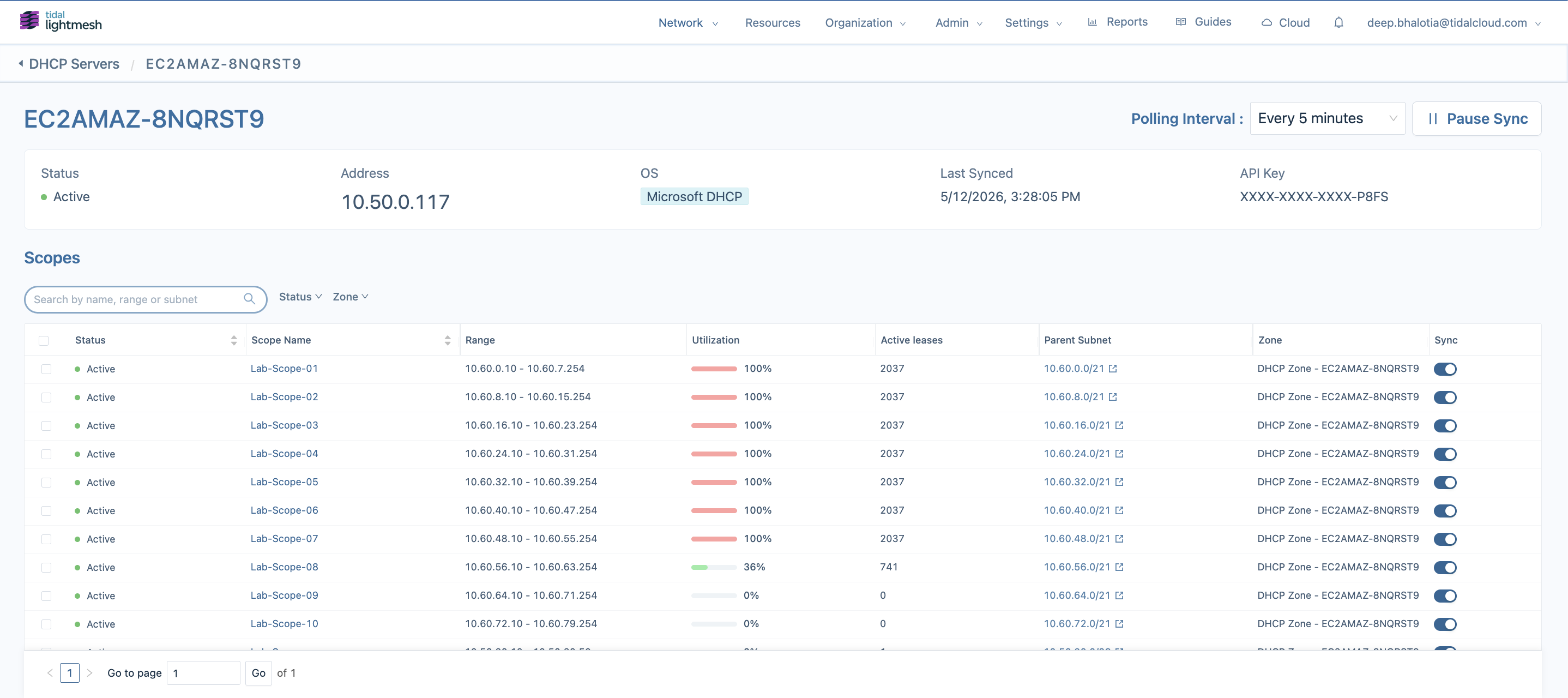 Modern DHCP dashboard showing centralized lease visibility, subnet relationships, and operational activity inside LightMesh