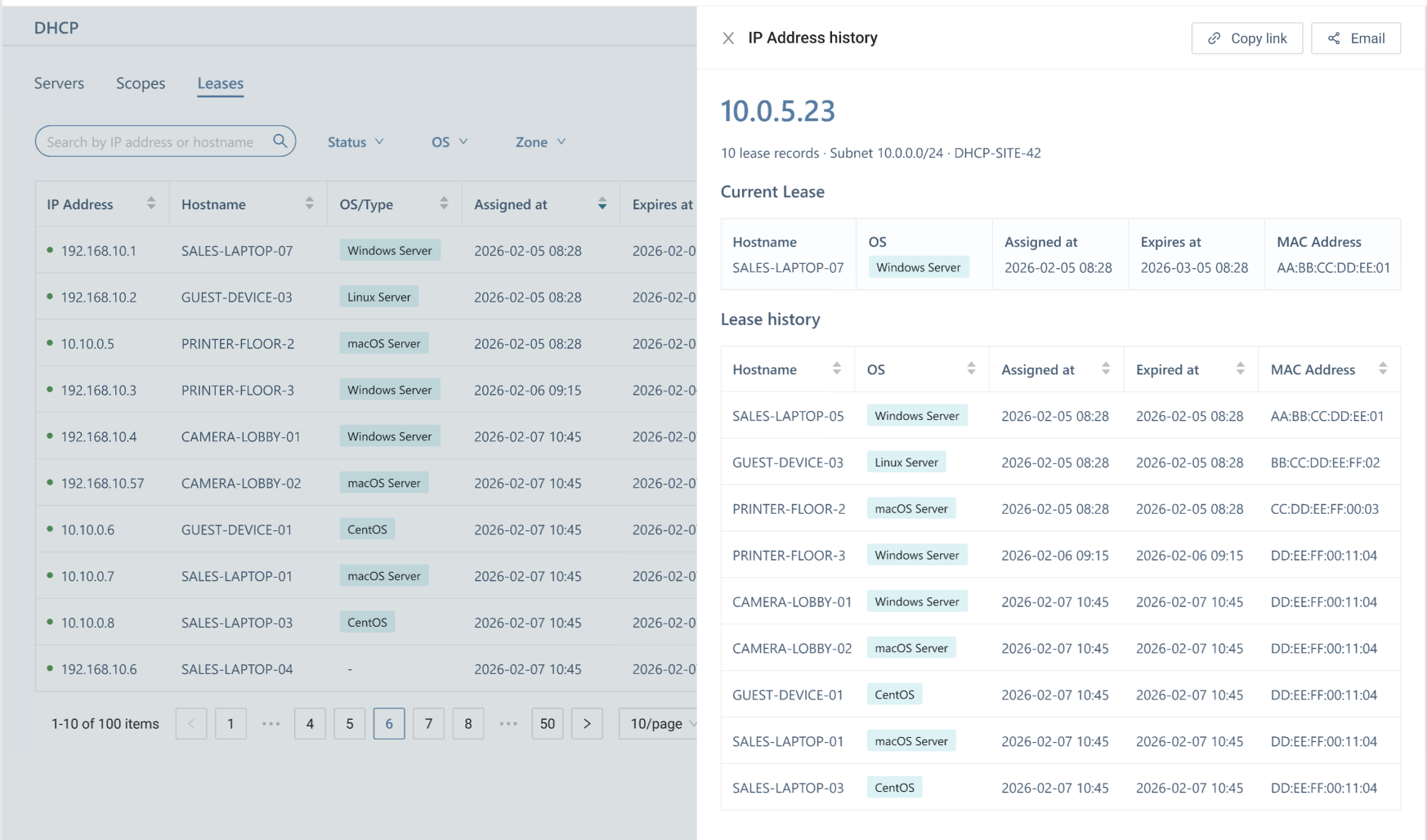 Search historical DHCP activity by IP address, hostname, subnet, or assignment history