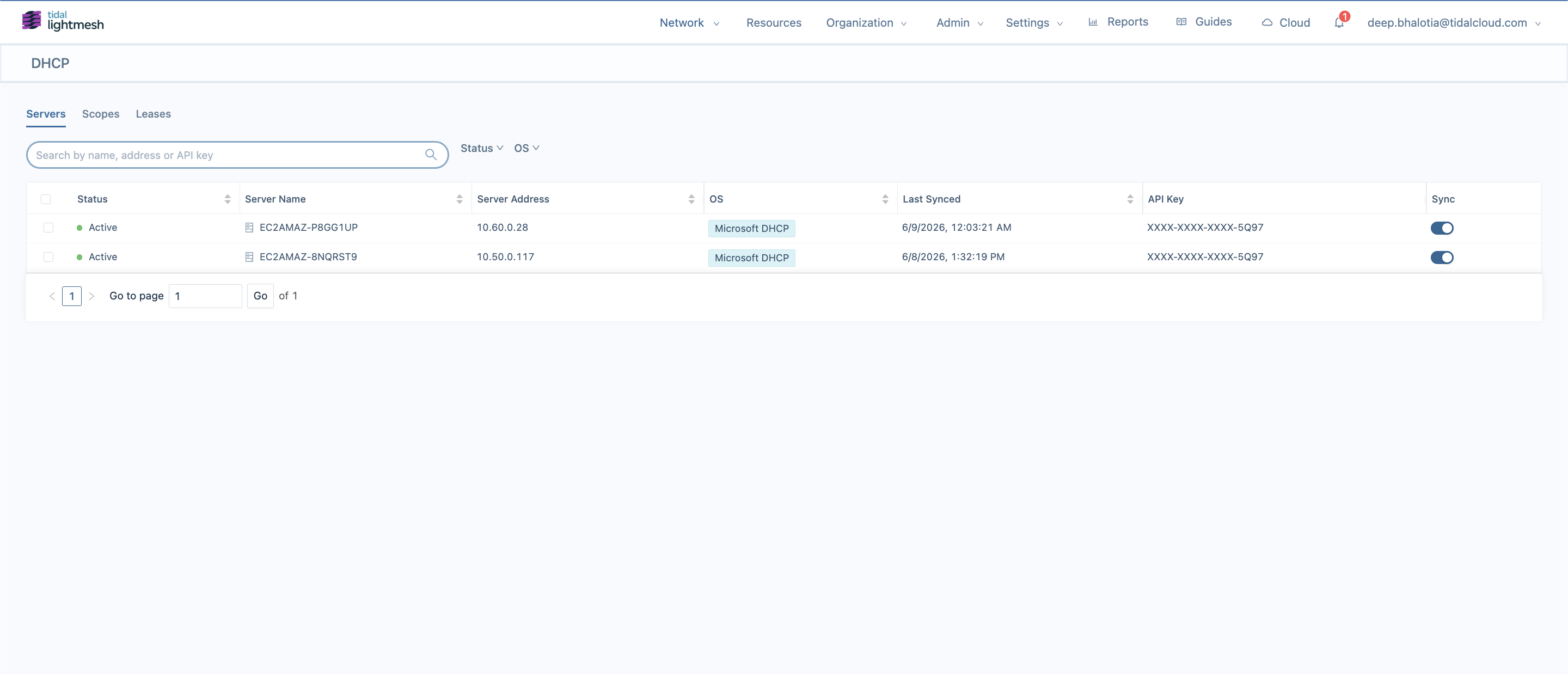 DHCP server inventory list showing servers by name, address, and status with the latest sync date and time