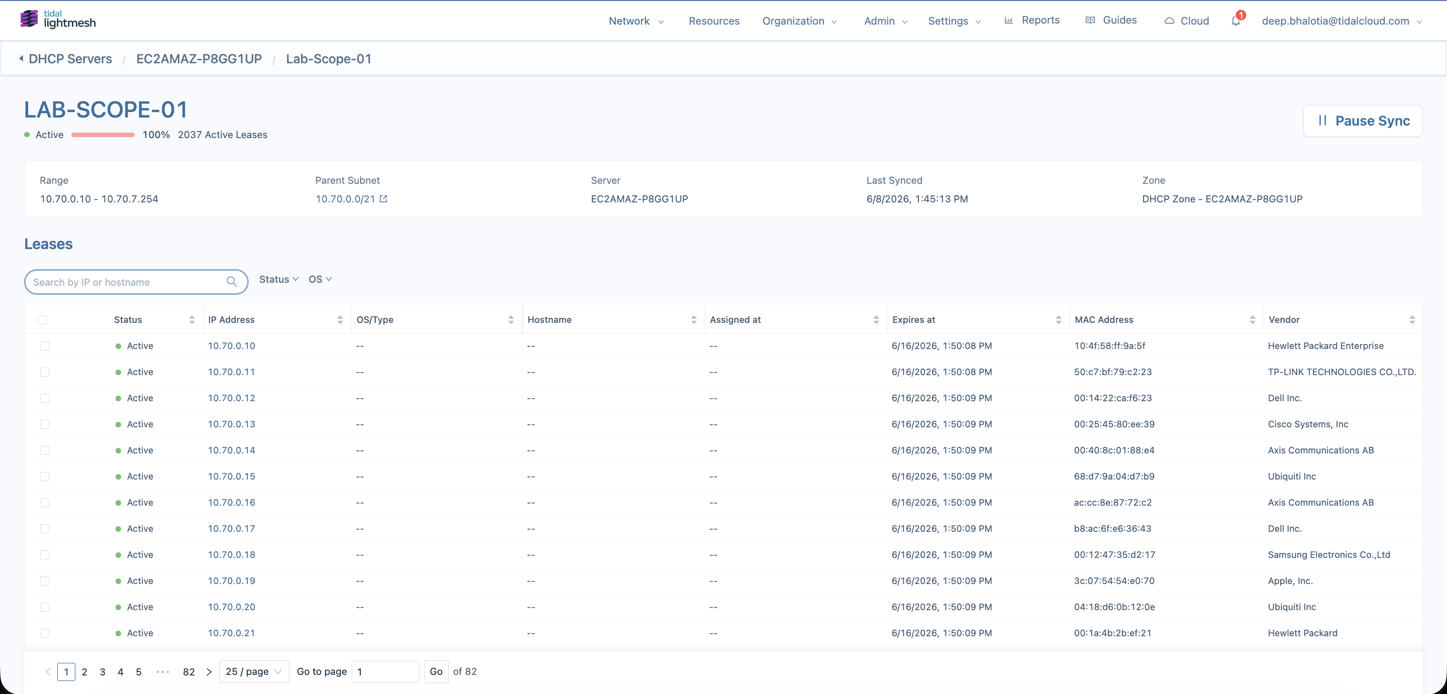 DHCP scope showing lease activity, utilization, and the most recent synchronization.