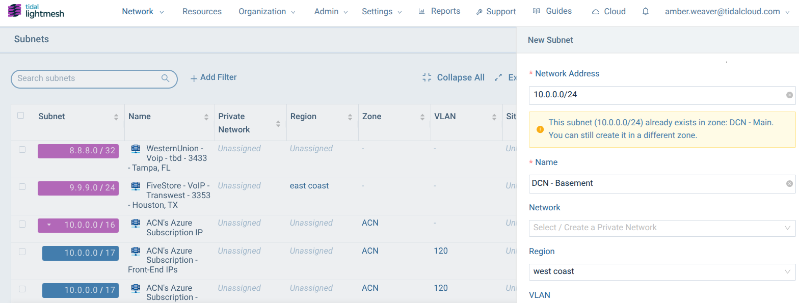 Duplicate subnet warning showing the Zones where the CIDR already exists.
