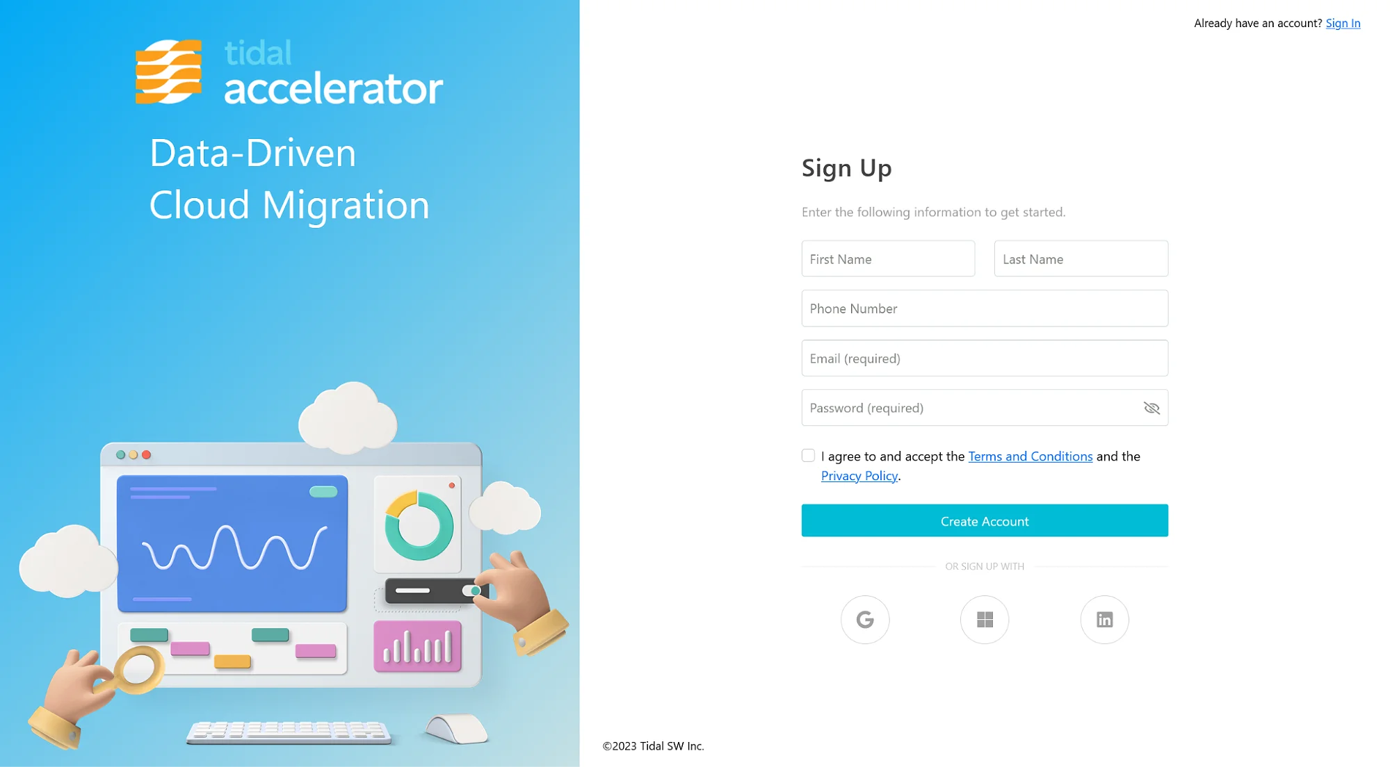 View of the sign up page for Tidal Accelerator