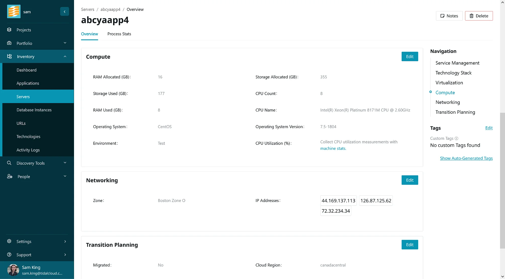 The server data overview